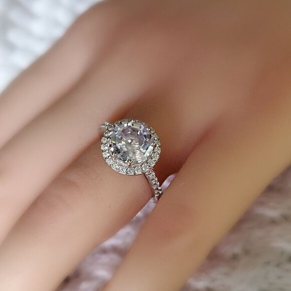 Fancy Cut Round Diamond Simulant, CZ Rhodium Over Sterling Silver Ring - Picture 1 of 3